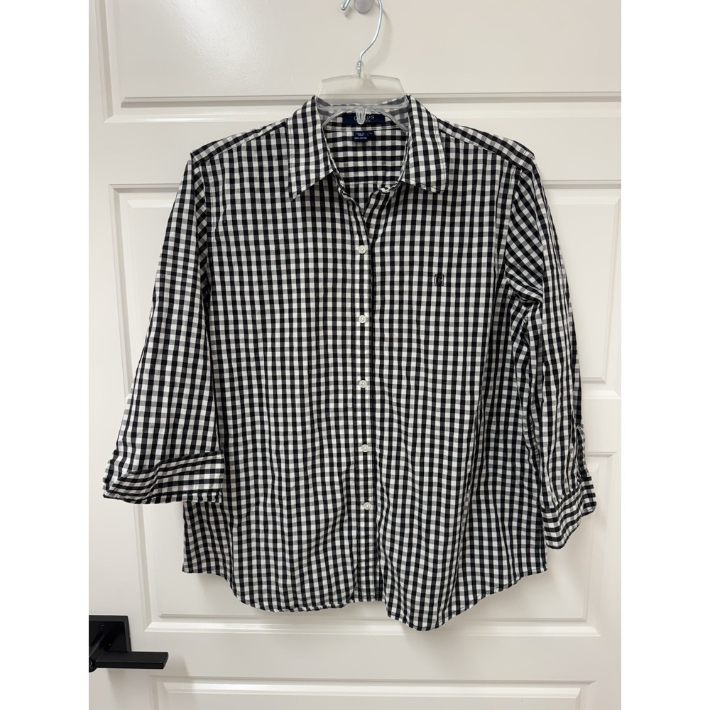 Chaps Women Large Black White Gingham Button Front Cotton Blouse Top